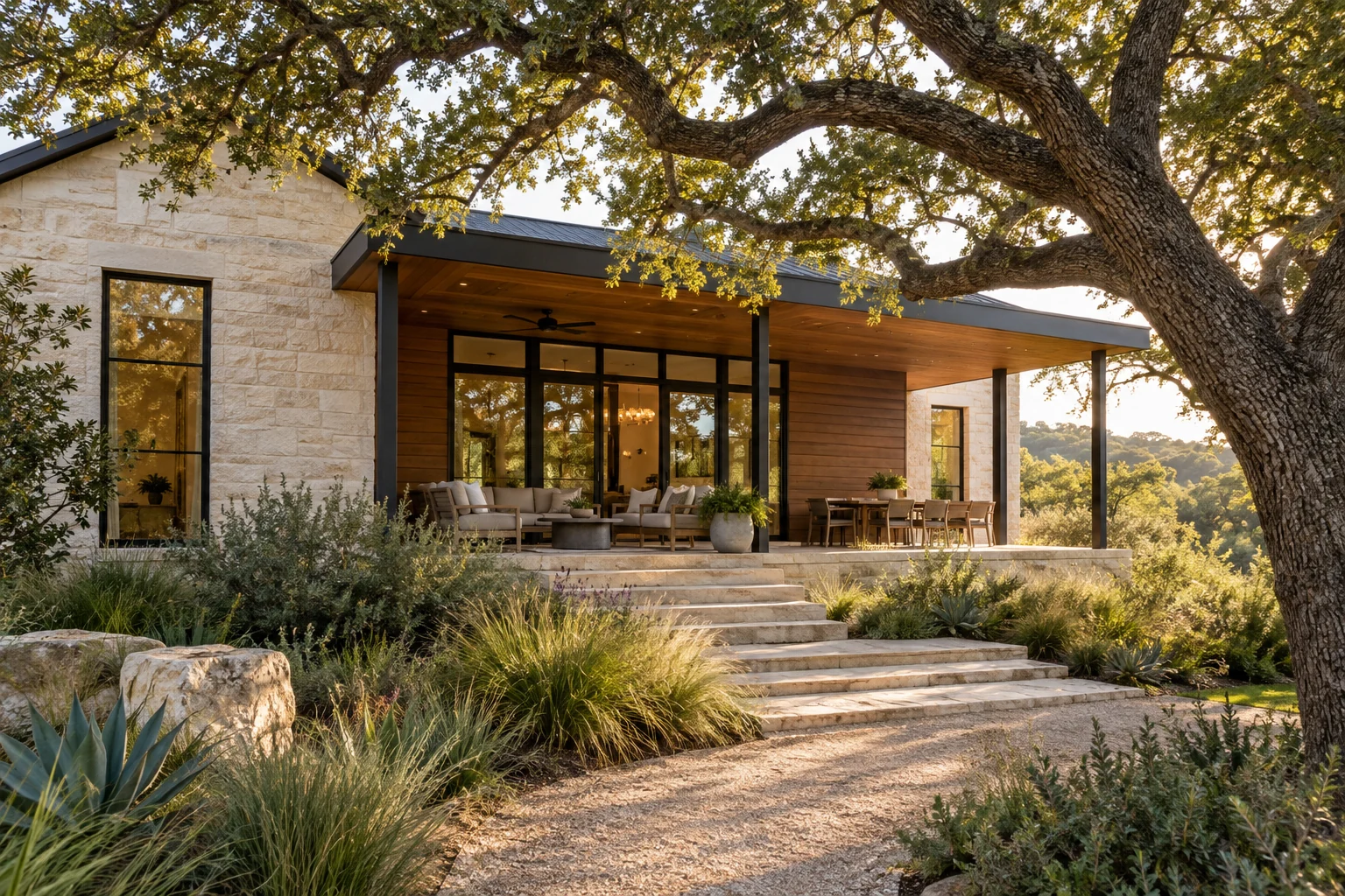 Illustrative image of a contemporary Austin home beneath a live oak